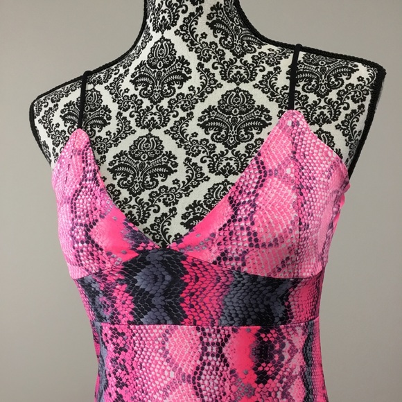 I-X London Snake Print Strappy Plunge Bodycon Nighty Slip Dress Pink - Picture 5 of 15